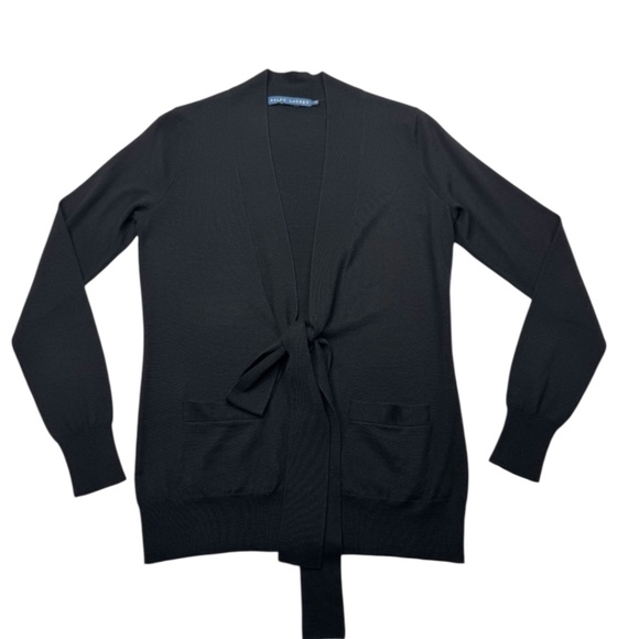 Ralph Lauren Blue Label Womens Black Tie Front Merino Wool Cardigan Sweater Sz M - Picture 13 of 13